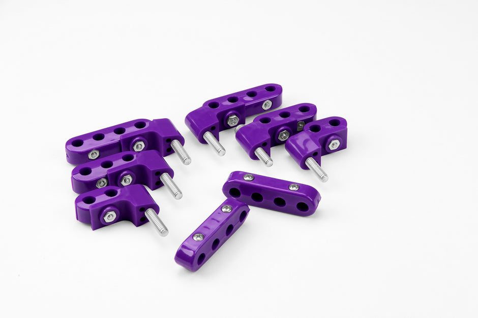 SMOOTHIE HORIZONTAL WIRE SEPARATOR KIT FOR 10.5mm PLUG WIRES, 6 BRACKETS, 2 2-PLACE, 2 3-PLACE, AND 4 4-PLACE SEPARATORS, PURPLE