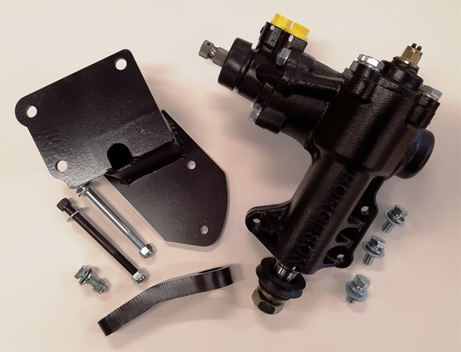 Borgeson - Power Steering Kit - P/N: 999062 - Power steering conversion kit for 1949-1951 Ford Cars. Kit consists of a specially made Borgeson reverse rotation gearbox in a 14:1 ratio paired with a Fatman Fabrications custom fabricated bracket and pitman