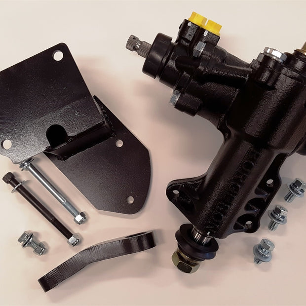 Borgeson - Power Steering Kit - P/N: 999062 - Power steering conversion kit for 1949-1951 Ford Cars. Kit consists of a specially made Borgeson reverse rotation gearbox in a 14:1 ratio paired with a Fatman Fabrications custom fabricated bracket and pitman