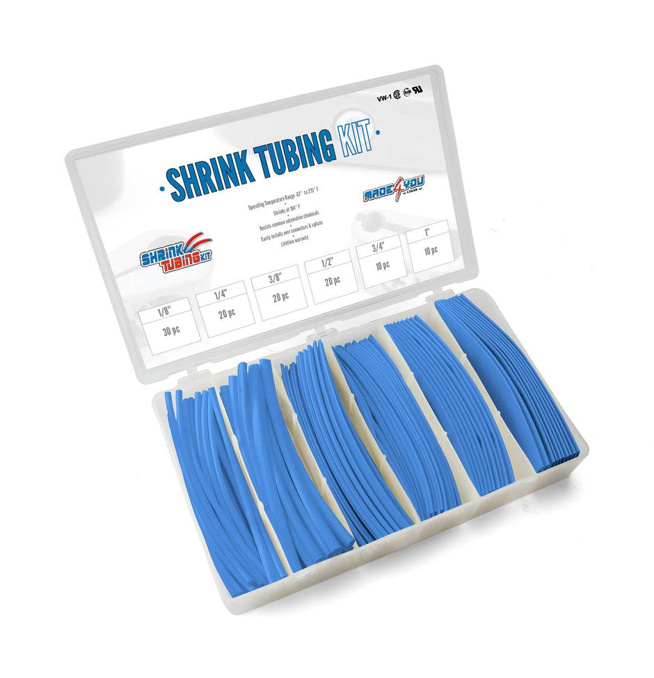SHRINK TUBING KIT: 110 PCS, 6" LENGTHS, 6 SIZES(1/8" TO 1"), 2:1 HEAT SHRINK TUBING, BLUE