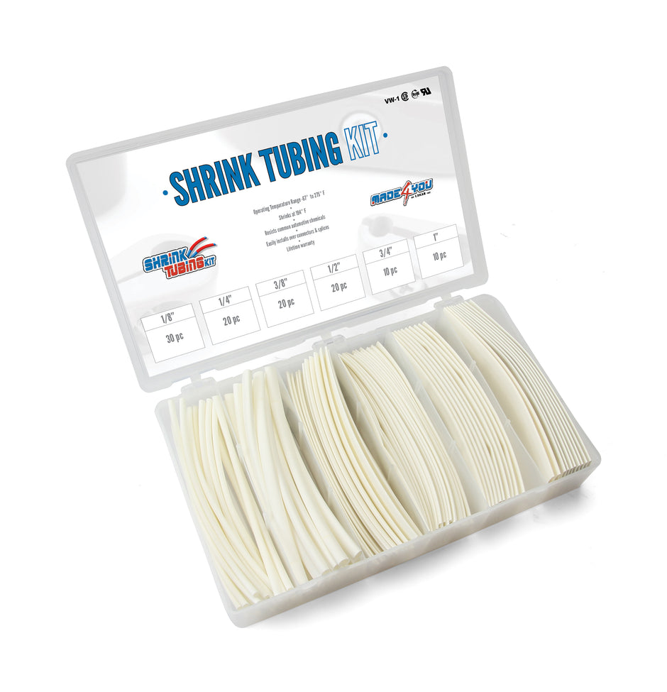 SHRINK TUBING KIT: 110 PCS, 6" LENGTHS, 6 SIZES(1/8" TO 1"), 2:1 HEAT SHRINK TUBING, WHITE