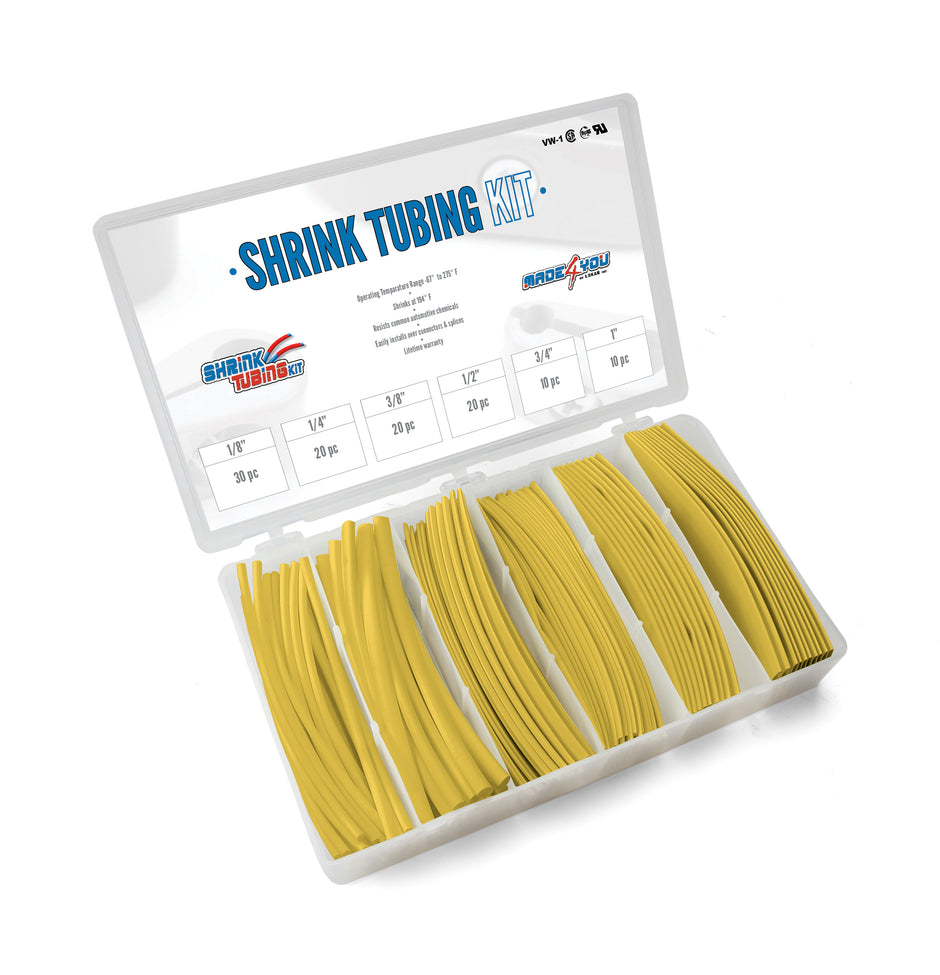 SHRINK TUBING KIT: 110 PCS, 6" LENGTHS, 6 SIZES(1/8" TO 1"), 2:1 HEAT SHRINK TUBING, YELLOW