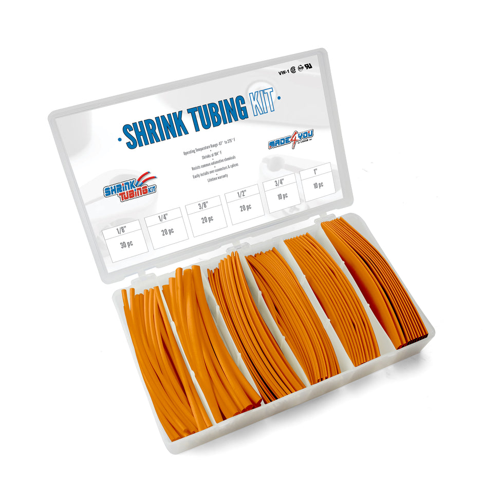 SHRINK TUBING KIT: 110 PCS, 6" LENGTHS, 6 SIZES(1/8" TO 1"), 2:1 HEAT SHRINK TUBING, ORANGE