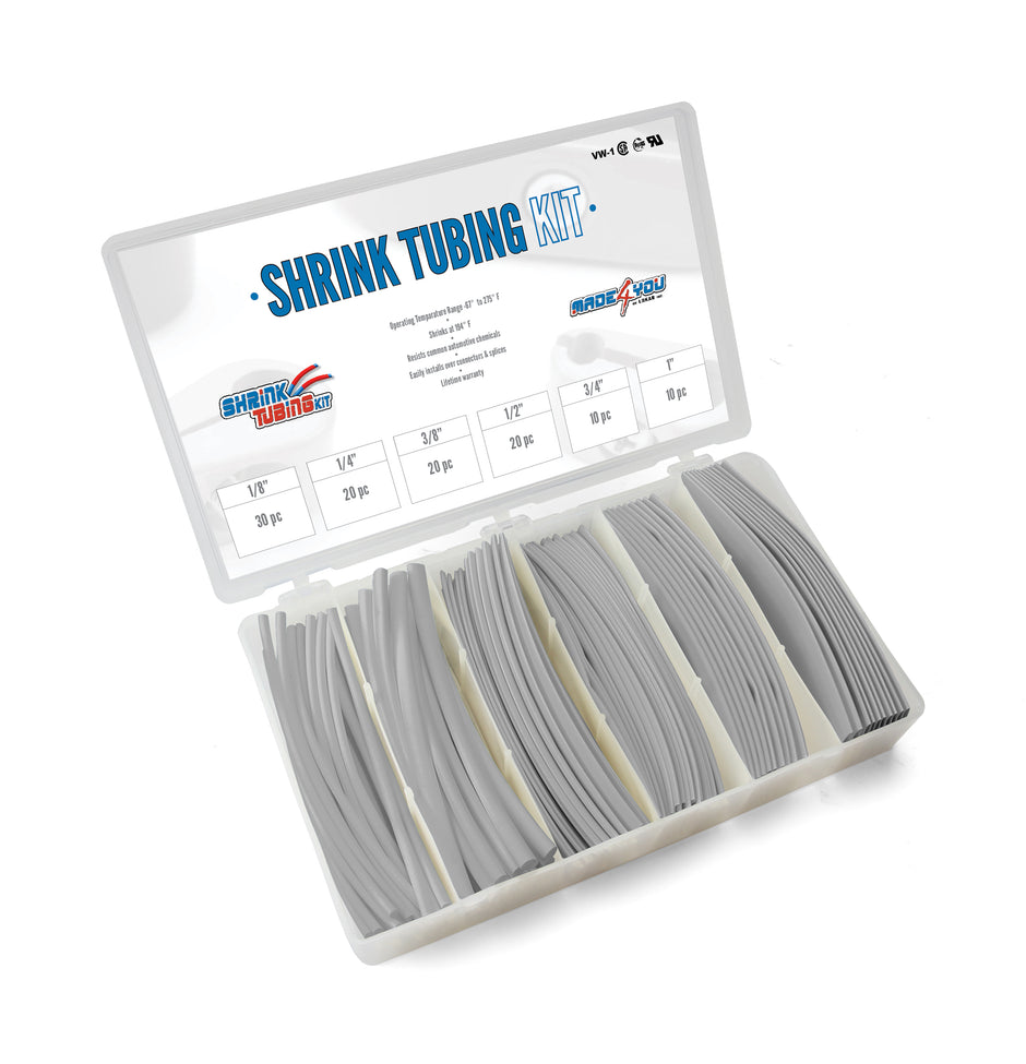 SHRINK TUBING KIT: 110 PCS, 6" LENGTHS, 6 SIZES(1/8" TO 1"), 2:1 HEAT SHRINK TUBING, GRAY