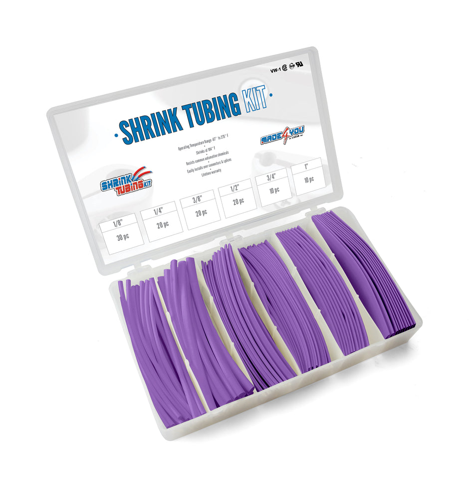 SHRINK TUBING KIT: 110 PCS, 6" LENGTHS, 6 SIZES(1/8" TO 1"), 2:1 HEAT SHRINK TUBING, PURPLE