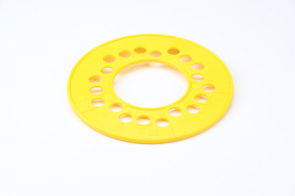 WHEEL BOLT CIRCLE TEMPLATE 5 LUG METRIC: 100mm, 112mm, 115mm, AND 120mm, YELLOW