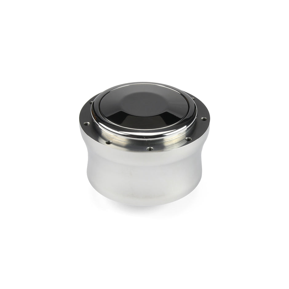 NINE BOLT POLISHED BILLET ALUMINUM STEERING WHEEL HUB ADAPTER FOR '67-'94 GM WITH ALUMINUM COVERED PLASTIC HORN BUTTON
