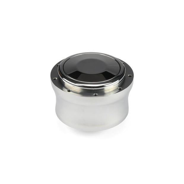 NINE BOLT POLISHED BILLET ALUMINUM STEERING WHEEL HUB ADAPTER FOR '67-'94 GM WITH ALUMINUM COVERED PLASTIC HORN BUTTON