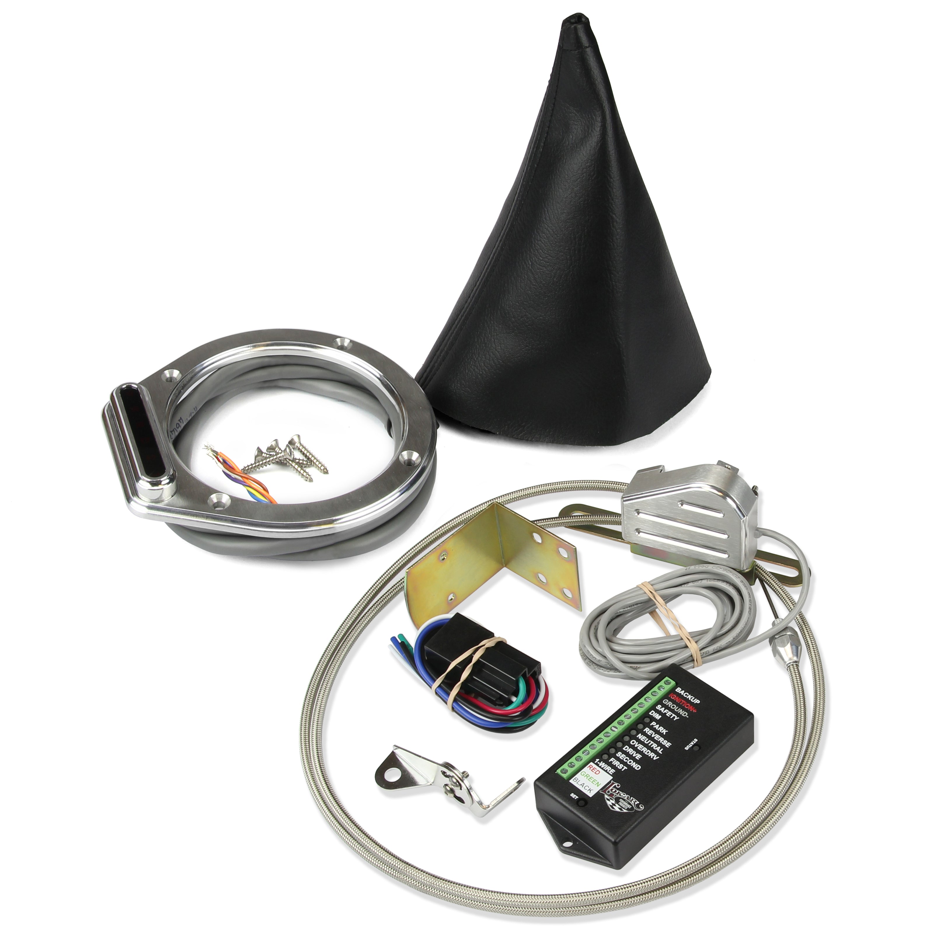 ROUND BRUSHED BOOT INDICATOR FOR 4L60E/4L80E (LONG SELECTOR SHAFT) WITH VERTICAL DISPLAY & SENSOR KIT