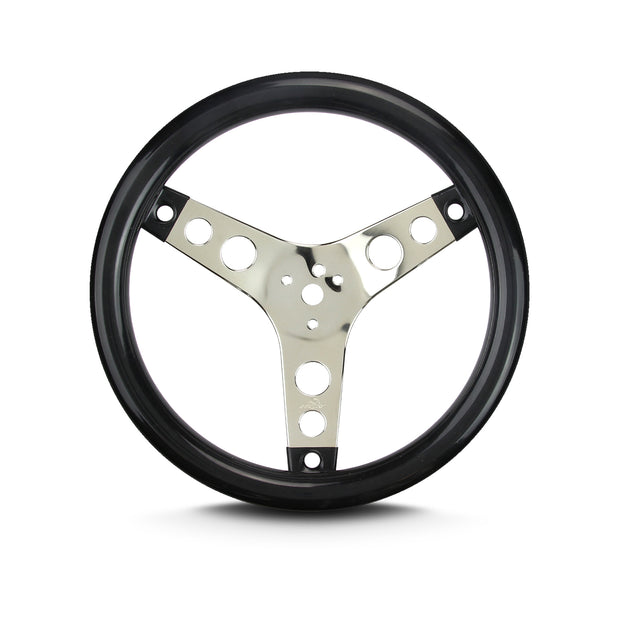 COVICO POLISHED STAINLESS 3 SPOKE, CLASSIC 3 HOLE, STANDARD 3" DISH 3 BOLT 12" BLACK