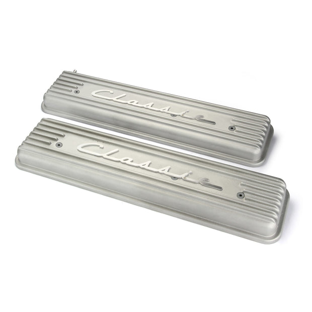 SB Chevy Cast Aluminum Valve Covers LS Classic Script Cast Finish