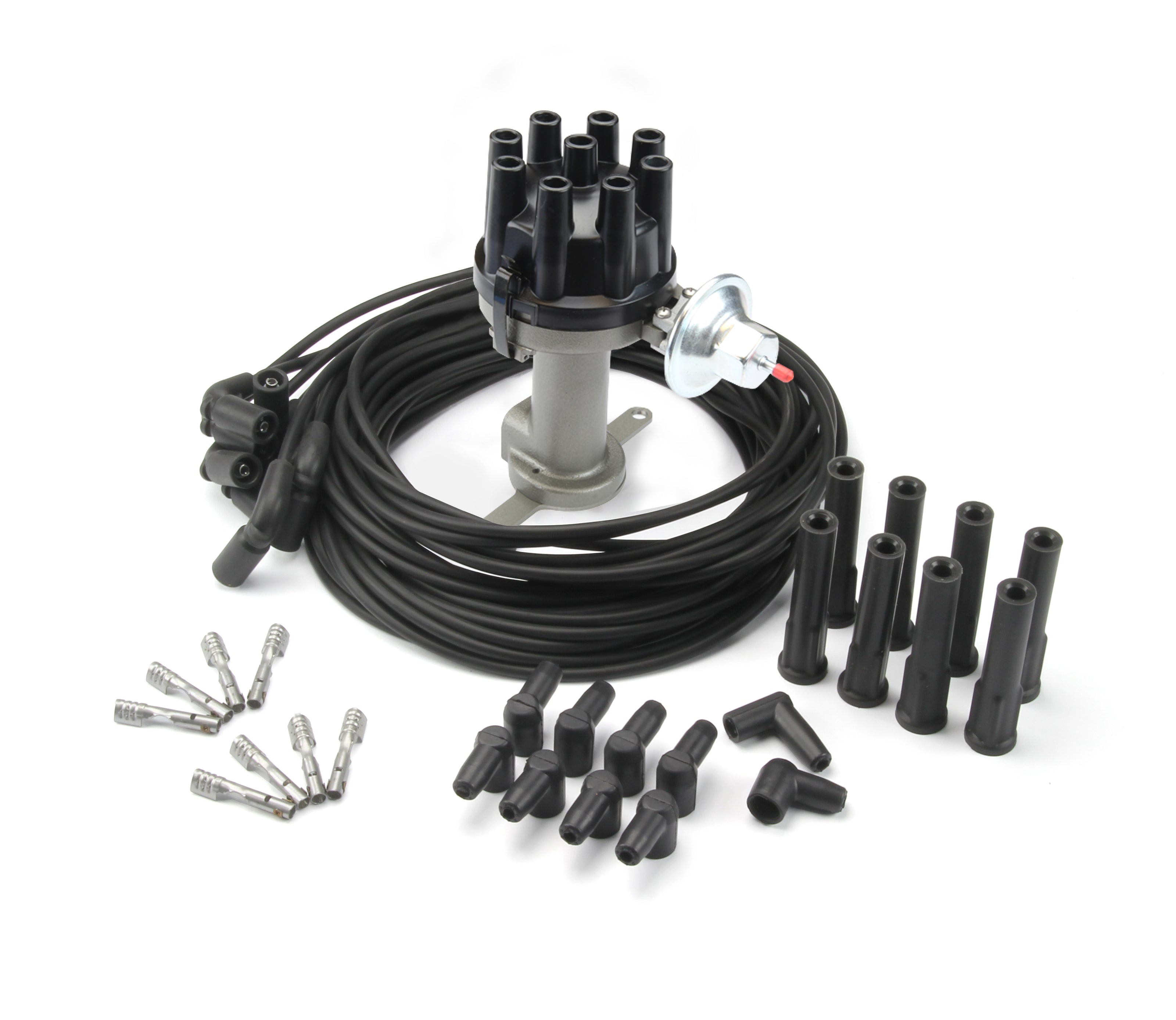 Distributor kit with plug wires all LS cast finish - FORD STYLE