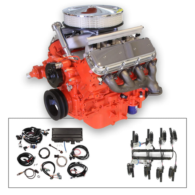 14" Classic Crate Engine, LS3 495 HP, painted orange with chrome BB Chevy Valve