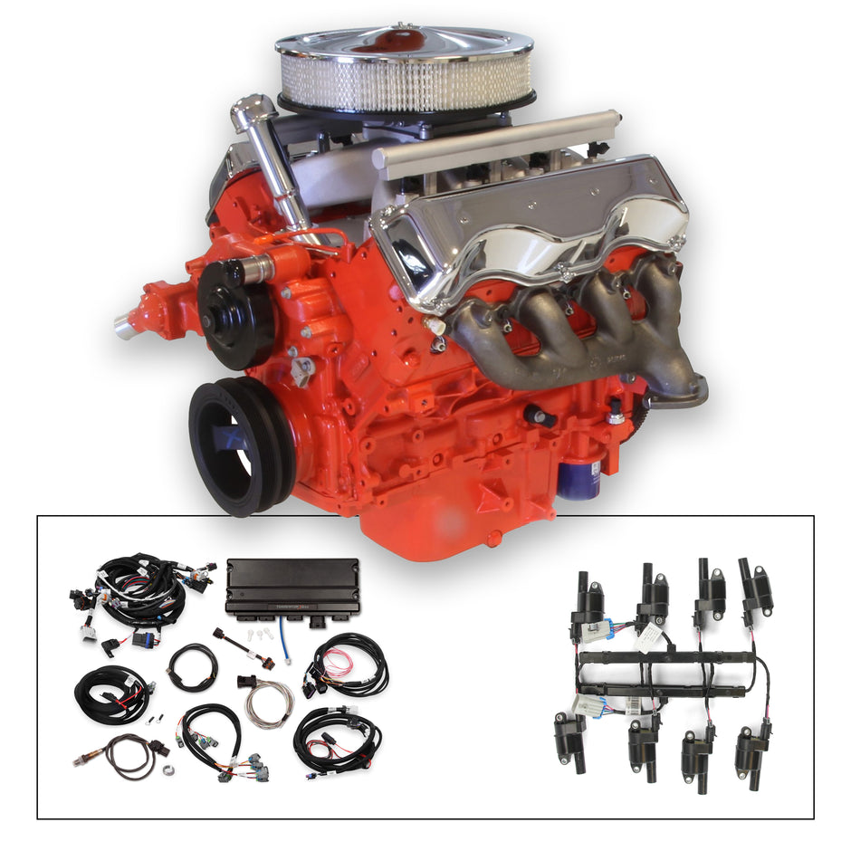 14" Classic Crate Engine, LS3 495 HP, painted orange with chrome 409 Valve Cover