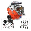 Tri-Power Crate Engine, LS3 495 HP, painted orange with chrome BB Chevy Valve Co