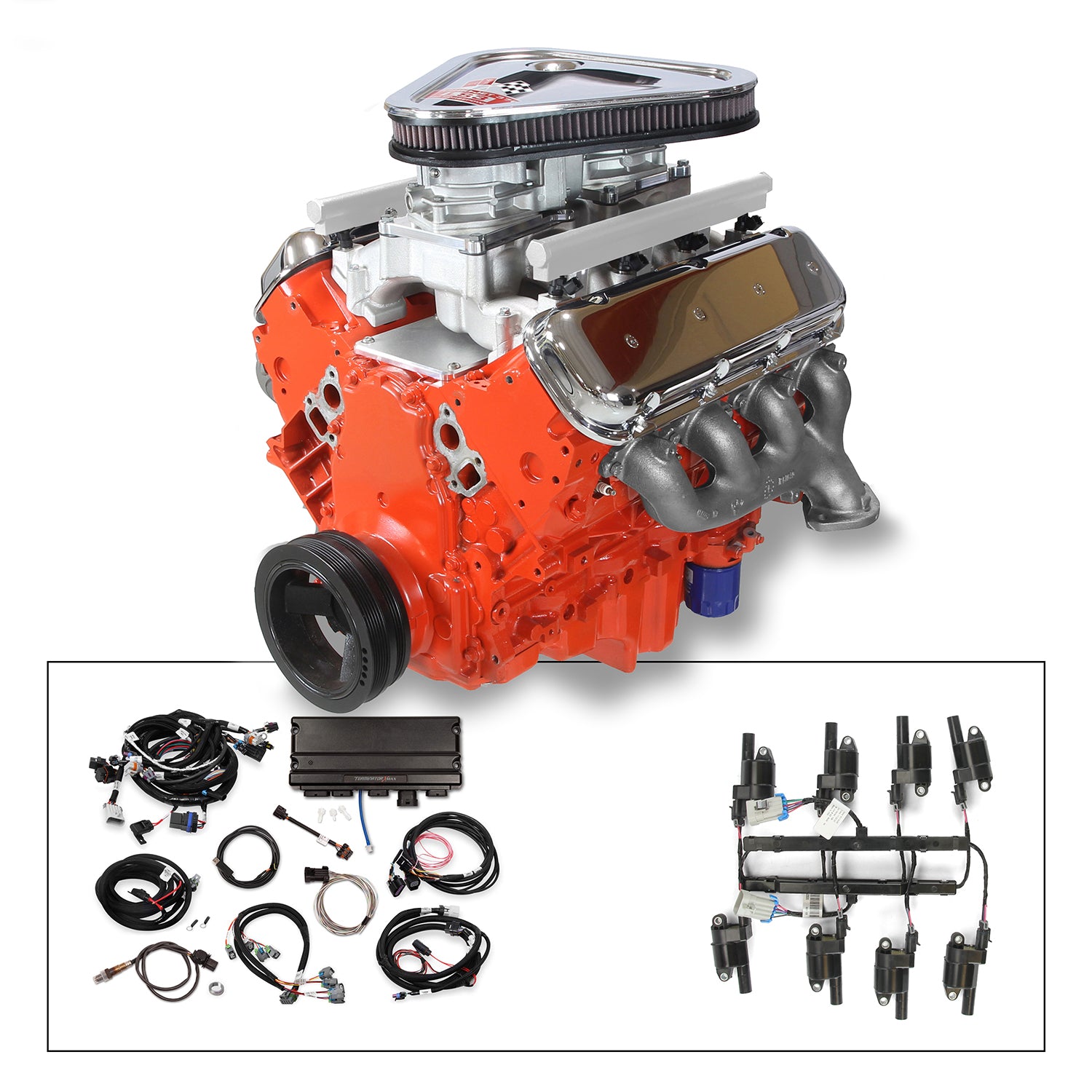Tri-Power Crate Engine, LS3 495 HP, painted orange with chrome BB Chevy Valve Co