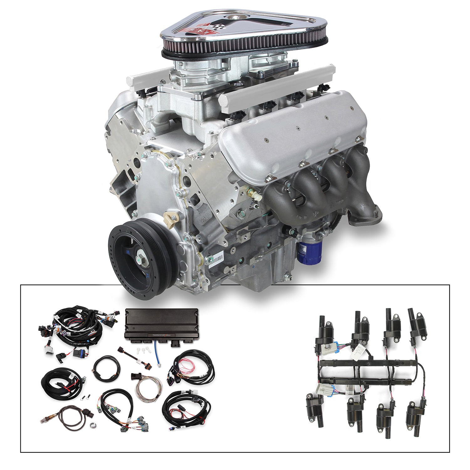 Tri-Power Crate Engine, LS3 495 HP, unpainted with cast finish BB Chevy Valve Co