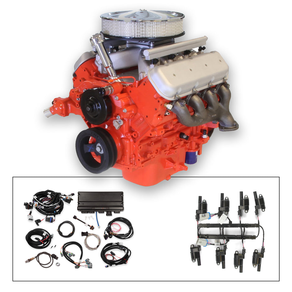 14" Classic Crate Engine, LS3 495 HP, painted orange with cast finish BB Chevy Valve Covers