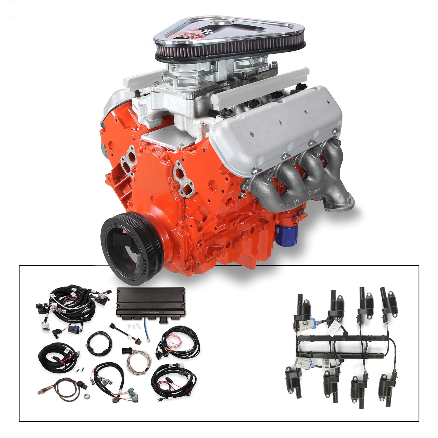 Tri-Power Crate Engine, LS3 495 HP, painted orange with cast finish BB Chevy Valve Covers