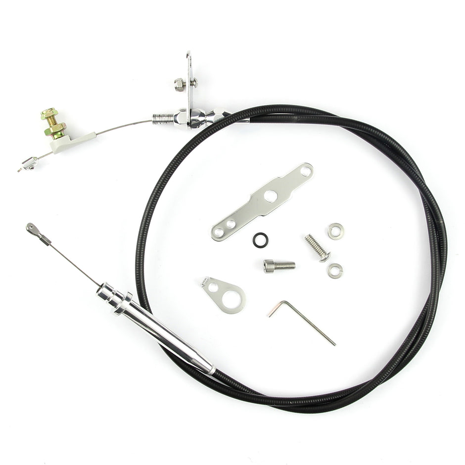 42" UNIVERSAL BLACK HOUSING TH-200 BLOWER DRIVE KICKDOWN CABLE W/ POLISHED FITTINGS