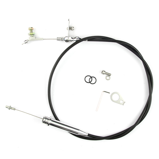 46" UNIVERSAL BLACK HOUSING 200-R4 KICKDOWN CABLE W/ POLISHED FITTINGS