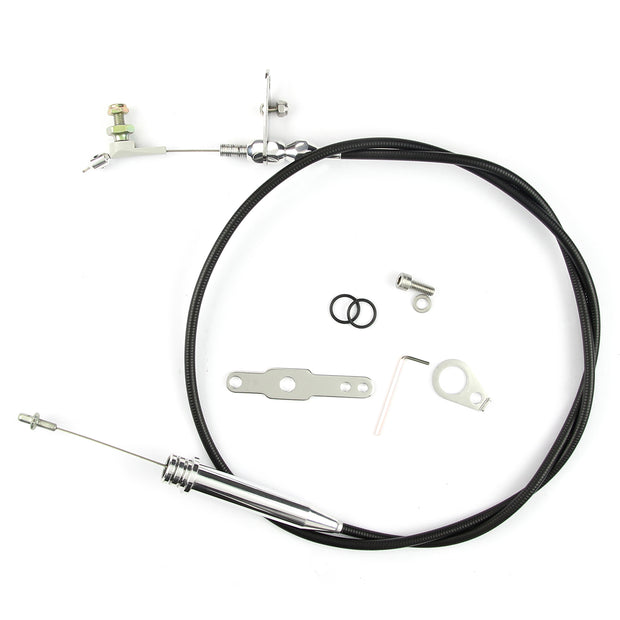 46" UNIVERSAL BLACK HOUSING 4L60 BLOWER DRIVE KICKDOWN CABLE W/ POLISHED FITTINGS