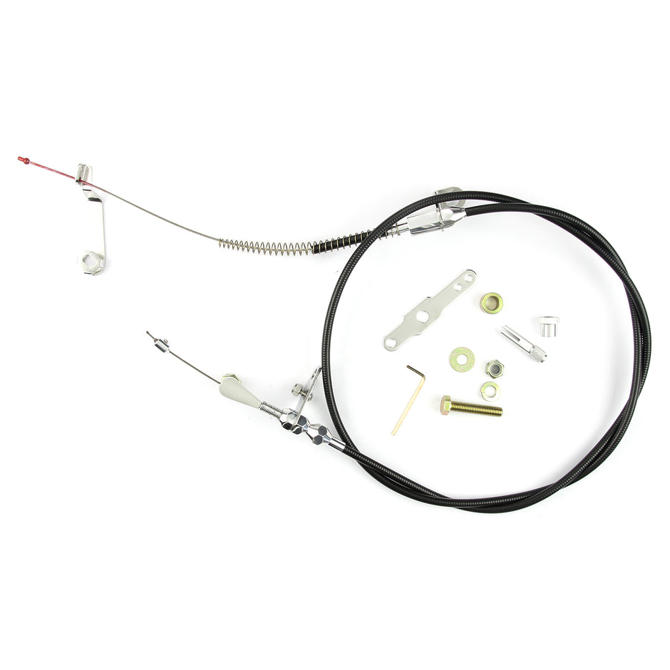 48" UNIVERSAL BLACK HOUSING AOD BLOWER DRIVE KICKDOWN CABLE W/ POLISHED FITTINGS