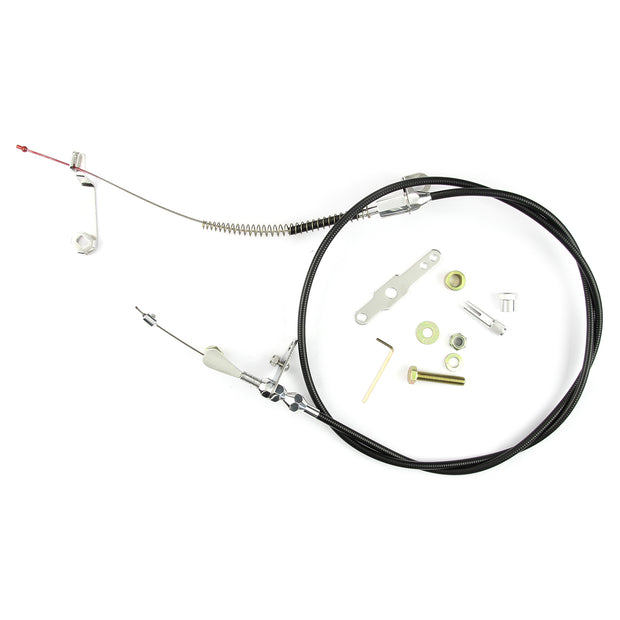 48" UNIVERSAL BLACK HOUSING AOD BLOWER DRIVE KICKDOWN CABLE W/ POLISHED FITTINGS