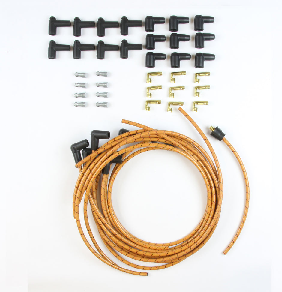PLUG WIRE KIT 90D PLUG, HEI/POINTS ENDS, CUT TO FIT TAN WITH BLACK & RED TRACERS