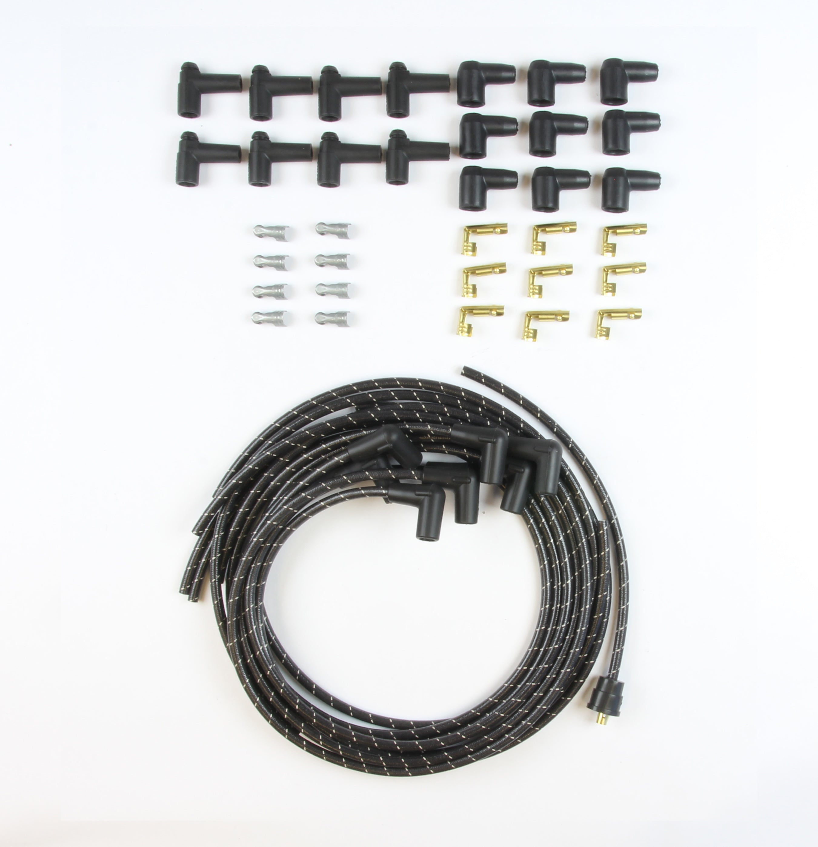 PLUG WIRE KIT 90D PLUG, HEI/POINTS ENDS, CUT TO FIT BLACK WITH WHITE TRACERS
