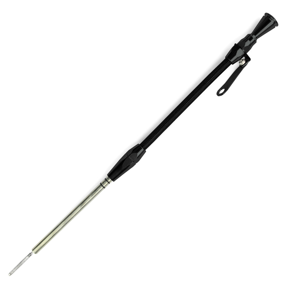 HI-TECH FLEXIBLE BLACK STAINLESS ENGINE DIPSTICK 1980 & LATER CHEVY SMALL BLOCK PUSH INTO BLOCK PASSENGER'S SIDE