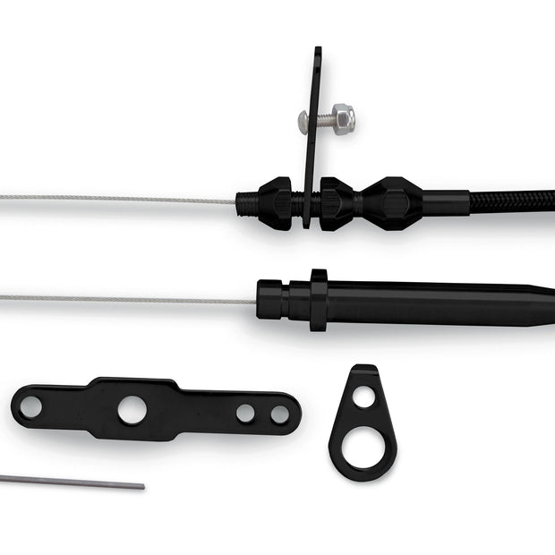 42" HI-TECH BLACK STAINLESS STEEL HOUSING TH-350 BLOWER DRIVE KICKDOWN CABLE W/ BLACK FITTINGS